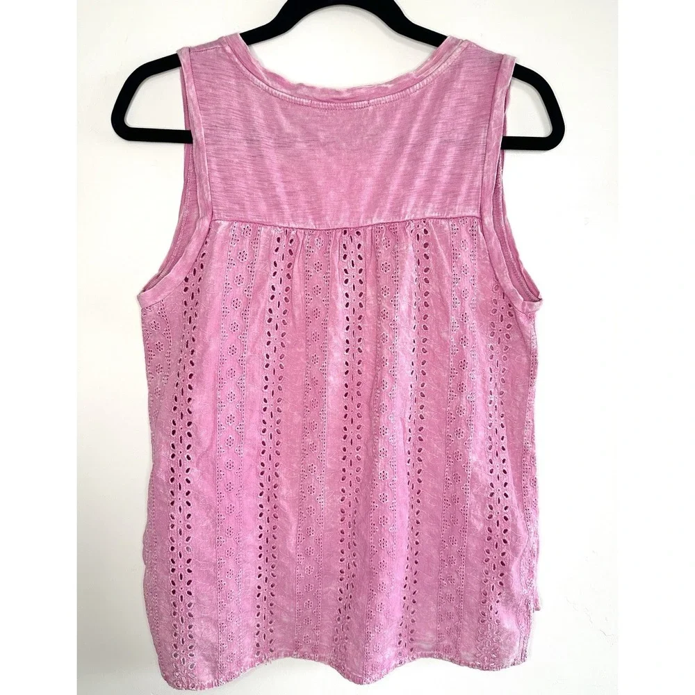 Eri + Ali Anthropologie Pink Eyelet Lace Back Tank Top Small Cotton V-Neck Boho - Picture 2 of 12